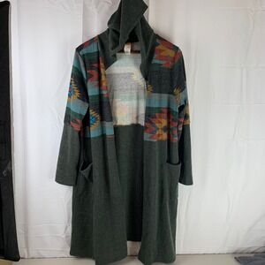 7th Ray Cardigan Women Large Green Southwestern Hooded Duster T-1760